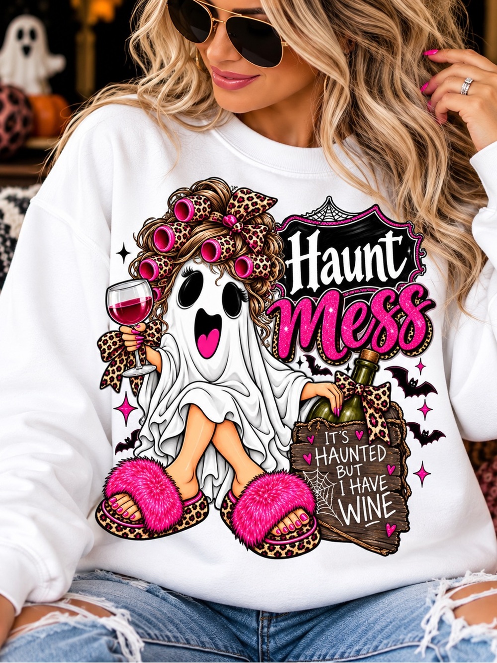 Gildan White Women's Sweatshirt - Pink & Leopard 'Haunt Mess' Graphic